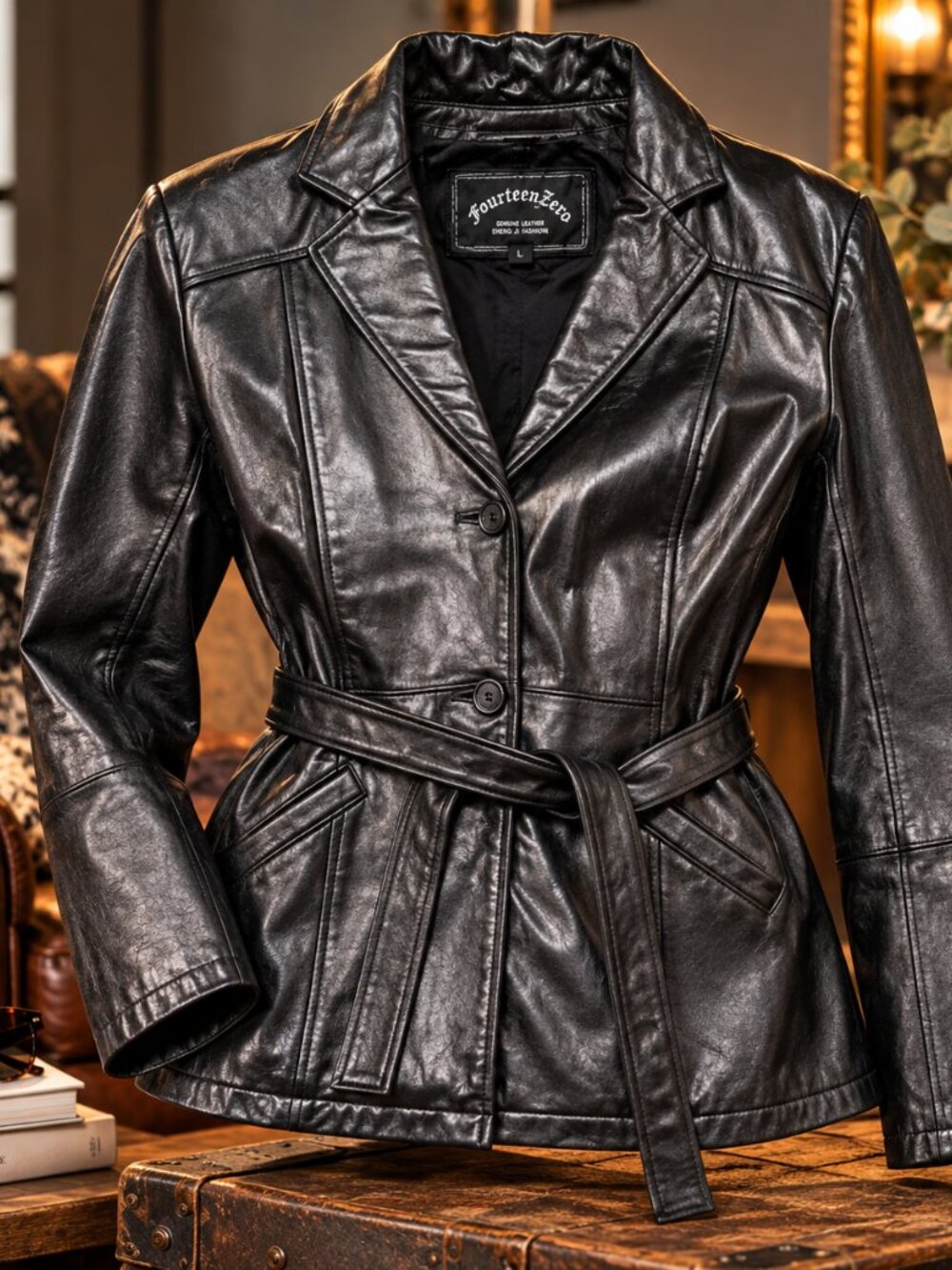 Fourteen Zero Womens L Black Genuine Leather Belted Blazer Jacket Y2K Fitted